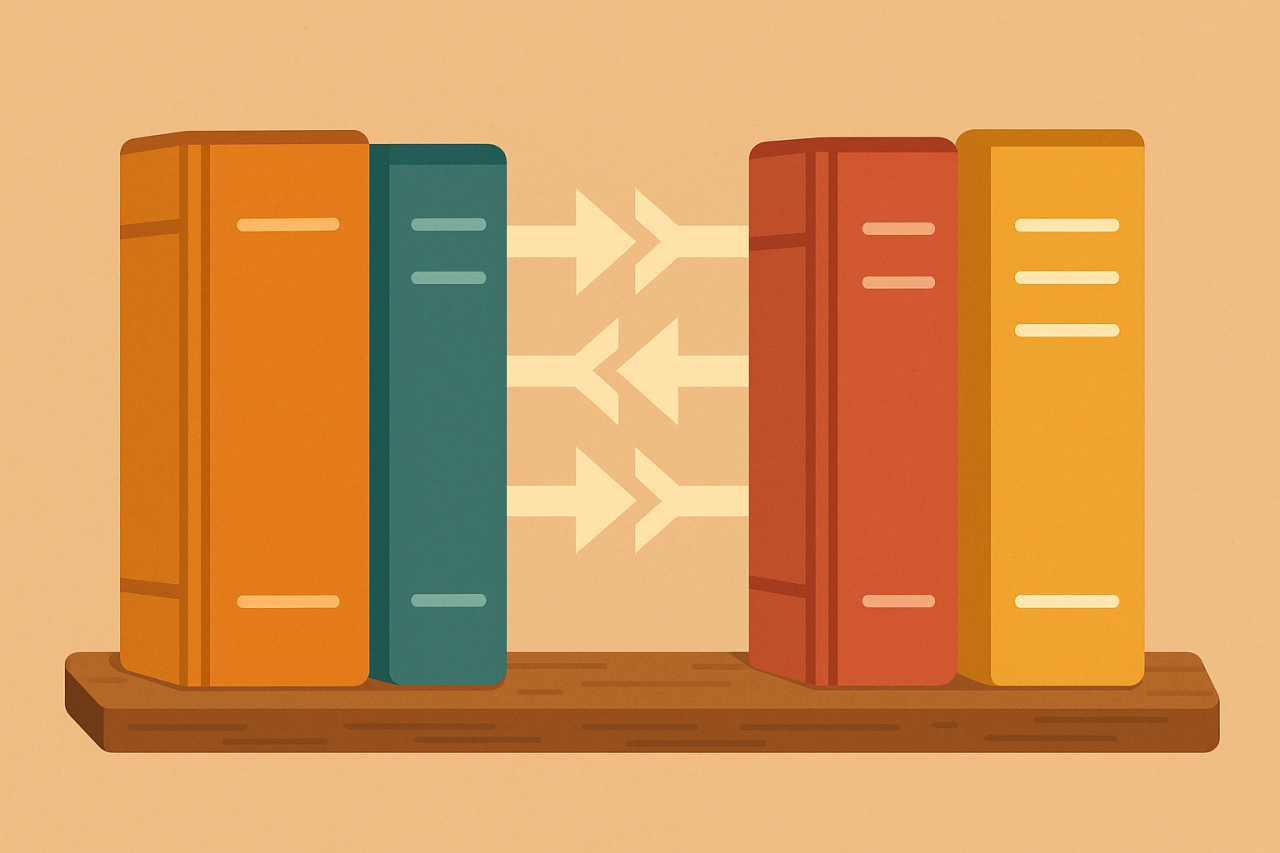 Illustration of books with arrows between them representing the interleaving study method.